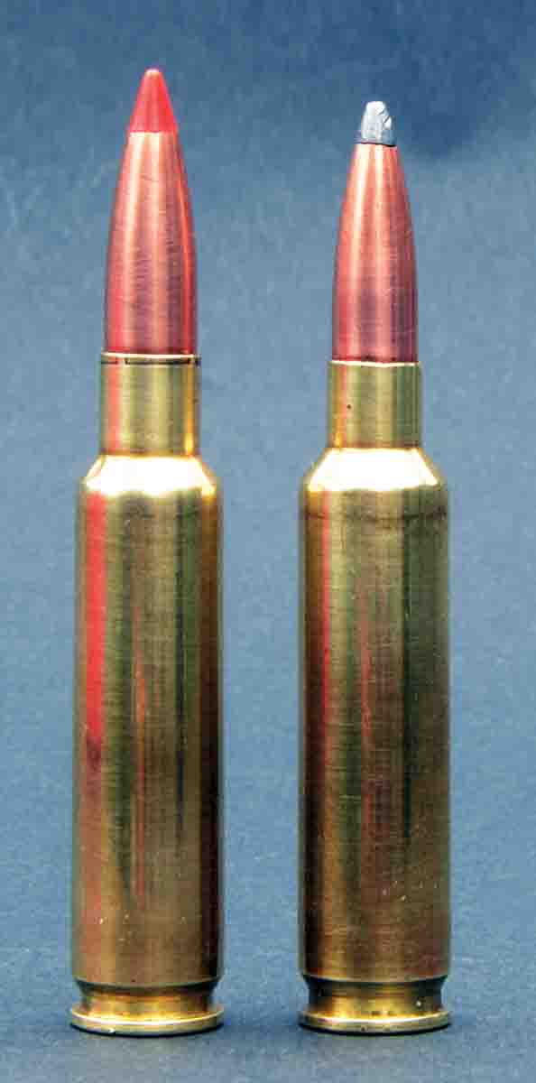 With the exception of their bullet diameters, the 6.5x52mm at right is basically the same as the 7mm-308 Winchester Improved at left.